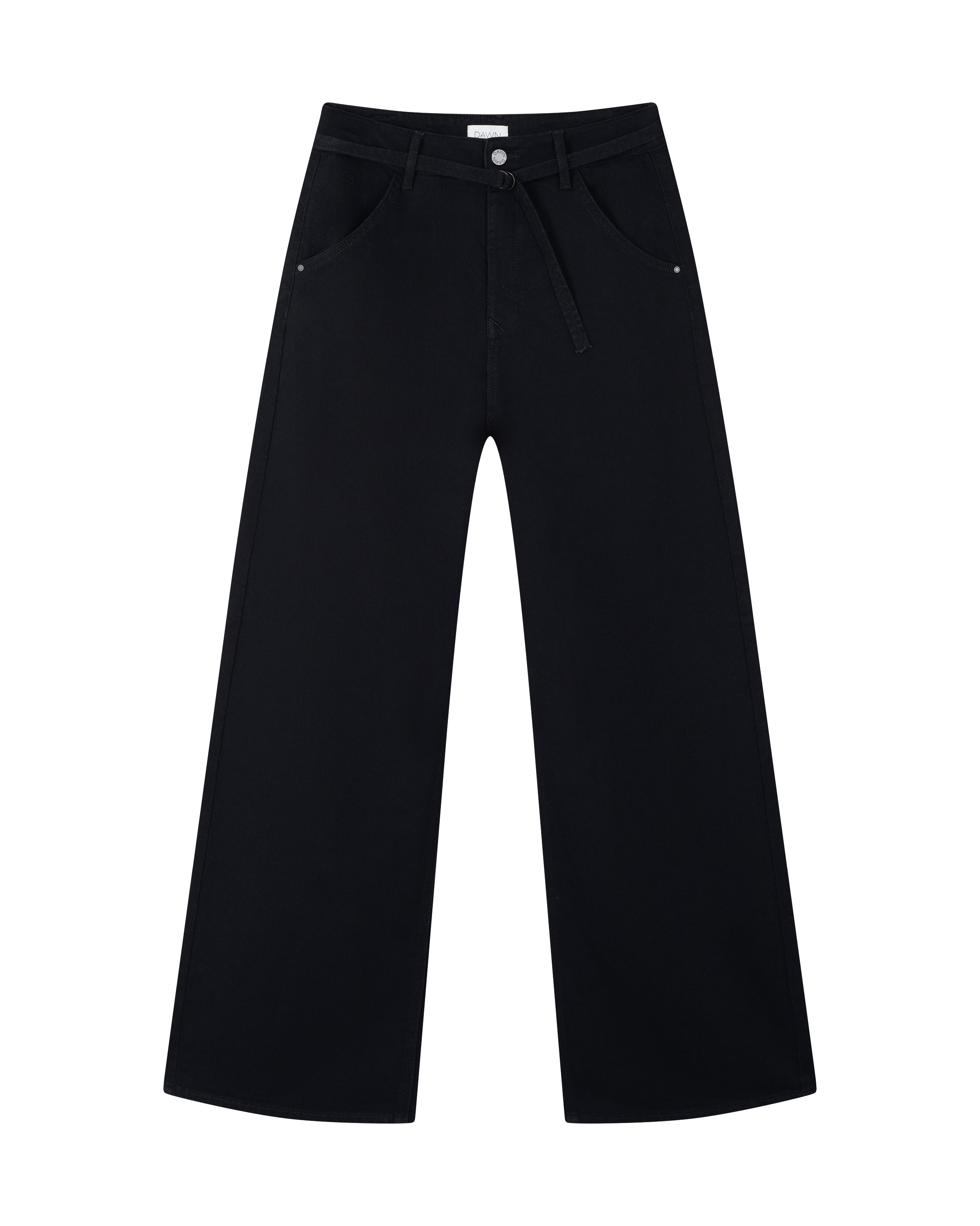 Schwarze Wide-Barrel Culotte-Jeans mit hohem Bund und abnehmbarem Gürtel, Fronttaschen, Cropped-Bein in Stay-Black-Denim.