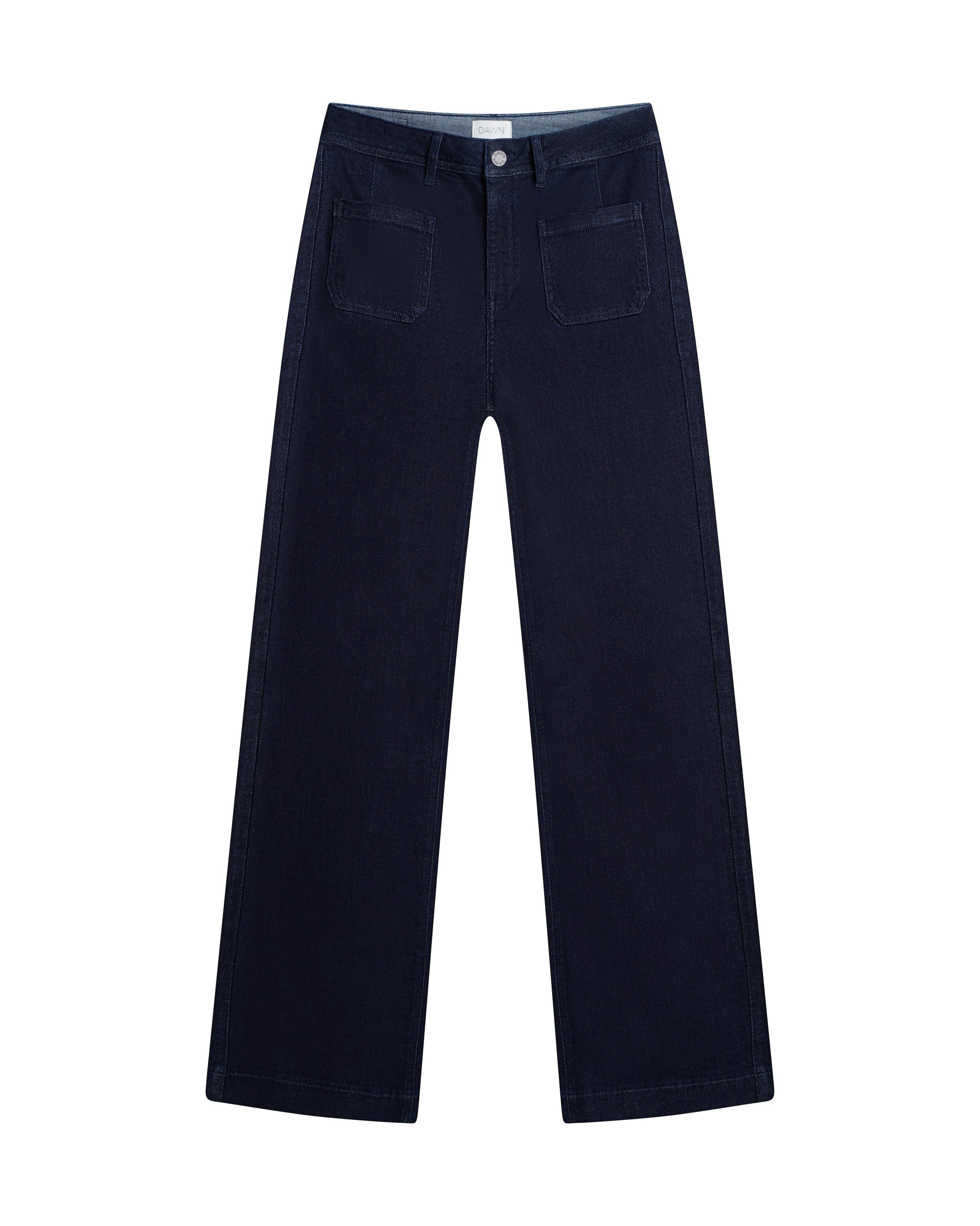 DEW Sailor Flared-Jeans in Raw Blue, hoch tailliert mit weiten Beinen; vordere aufgesetzte Taschen im dunklen Bio-Denim.