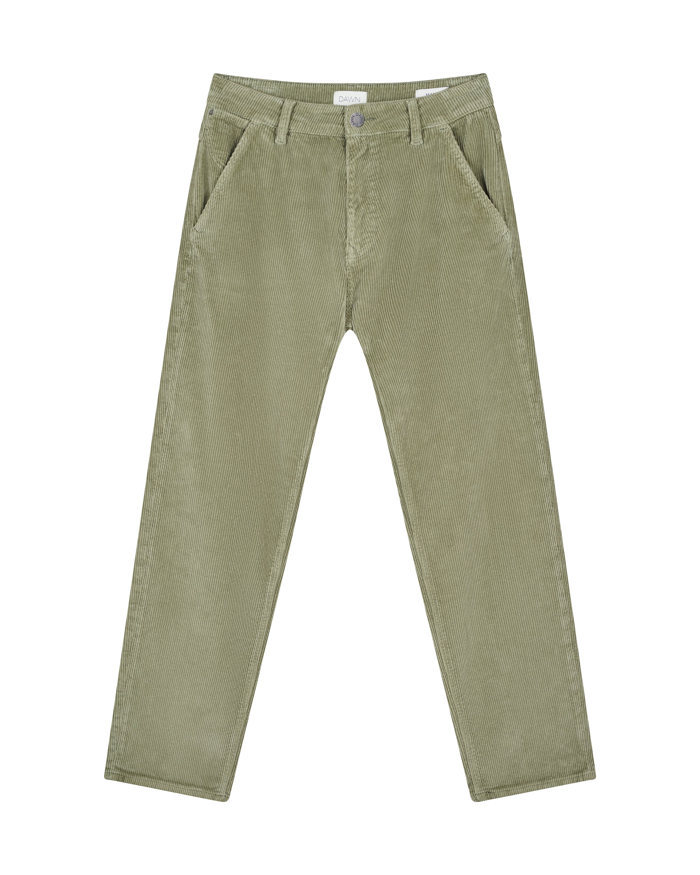 MANE Corduroy-Hose in Sage Green, lockerer Sitz an Hüfte/Oberschenkel, gerader Beinverlauf, mittelhoher Bund, schräge Fronttaschen, flach gelegt.