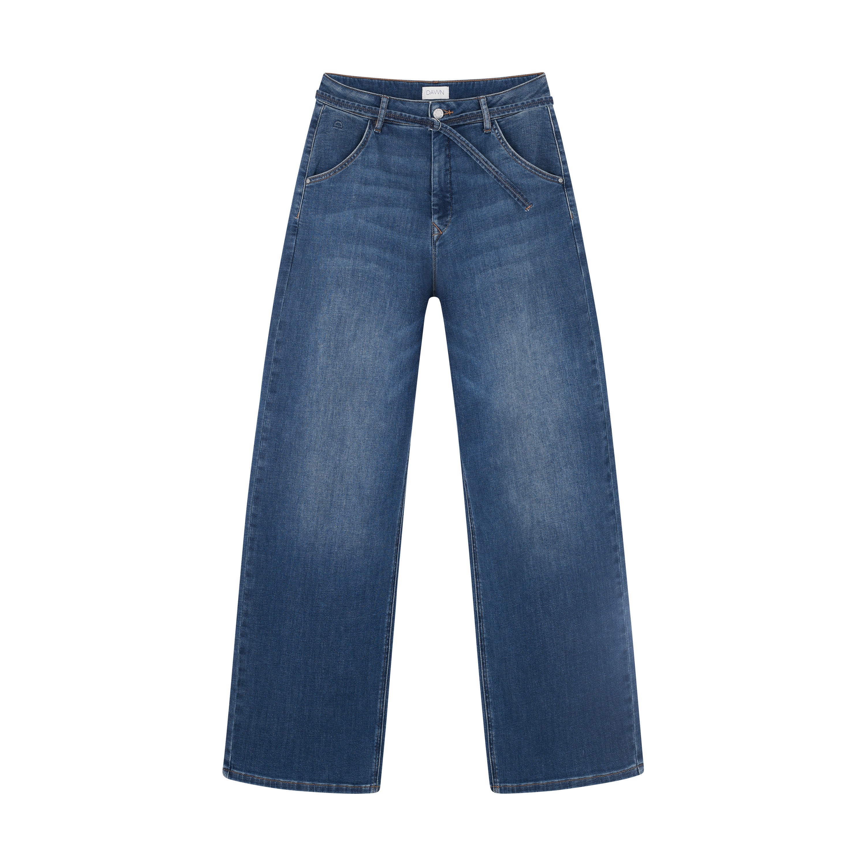 Vintage Blue High-Waist Jeans mit weitem, geradem Bein und abnehmbaren Gürtel, flach gelegt.