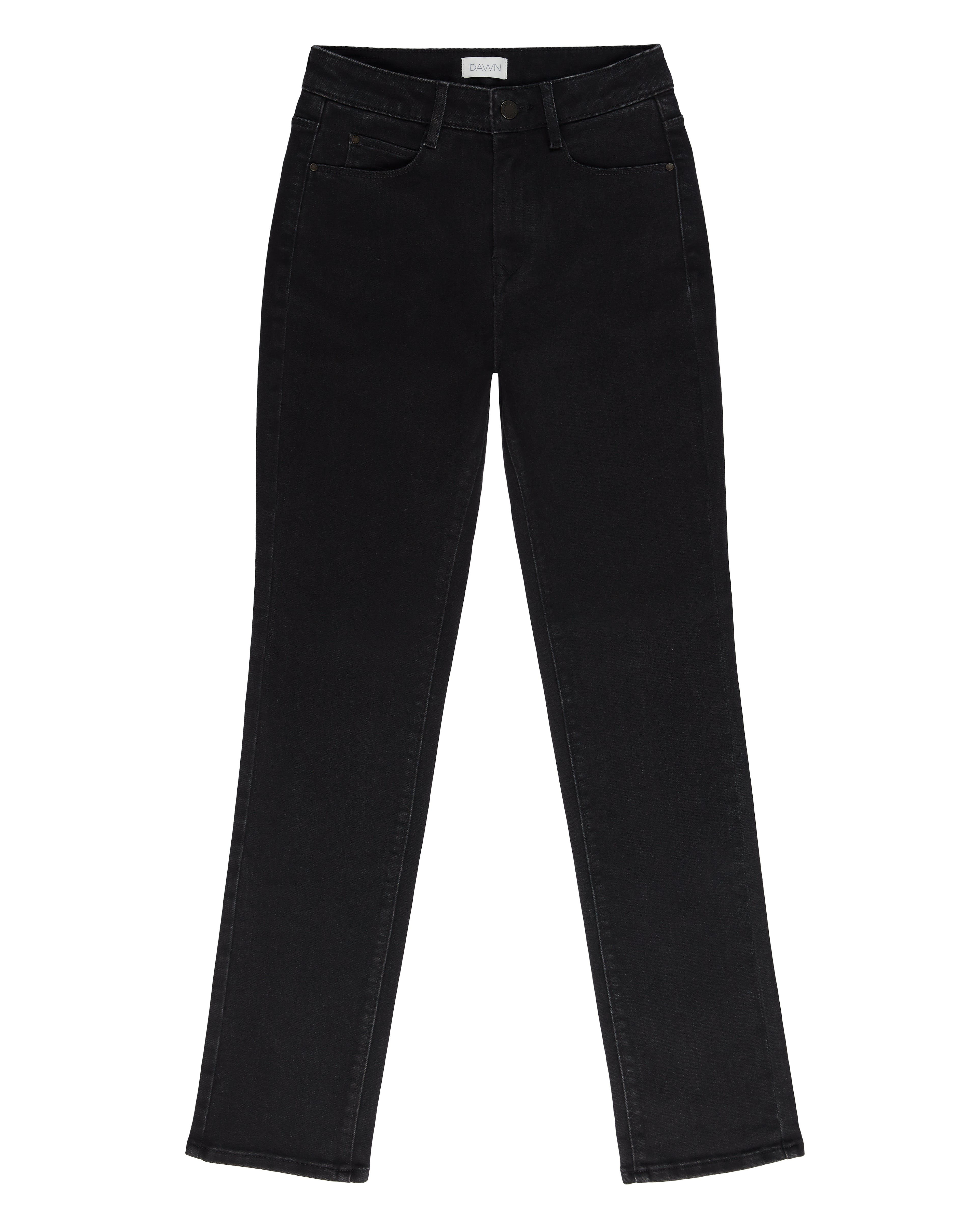 Schwarze STELLAR High-Waist-Jeans mit schmalem Bein und 5-Pocket-Design, Frontansicht aus Organic Comfortstretch.