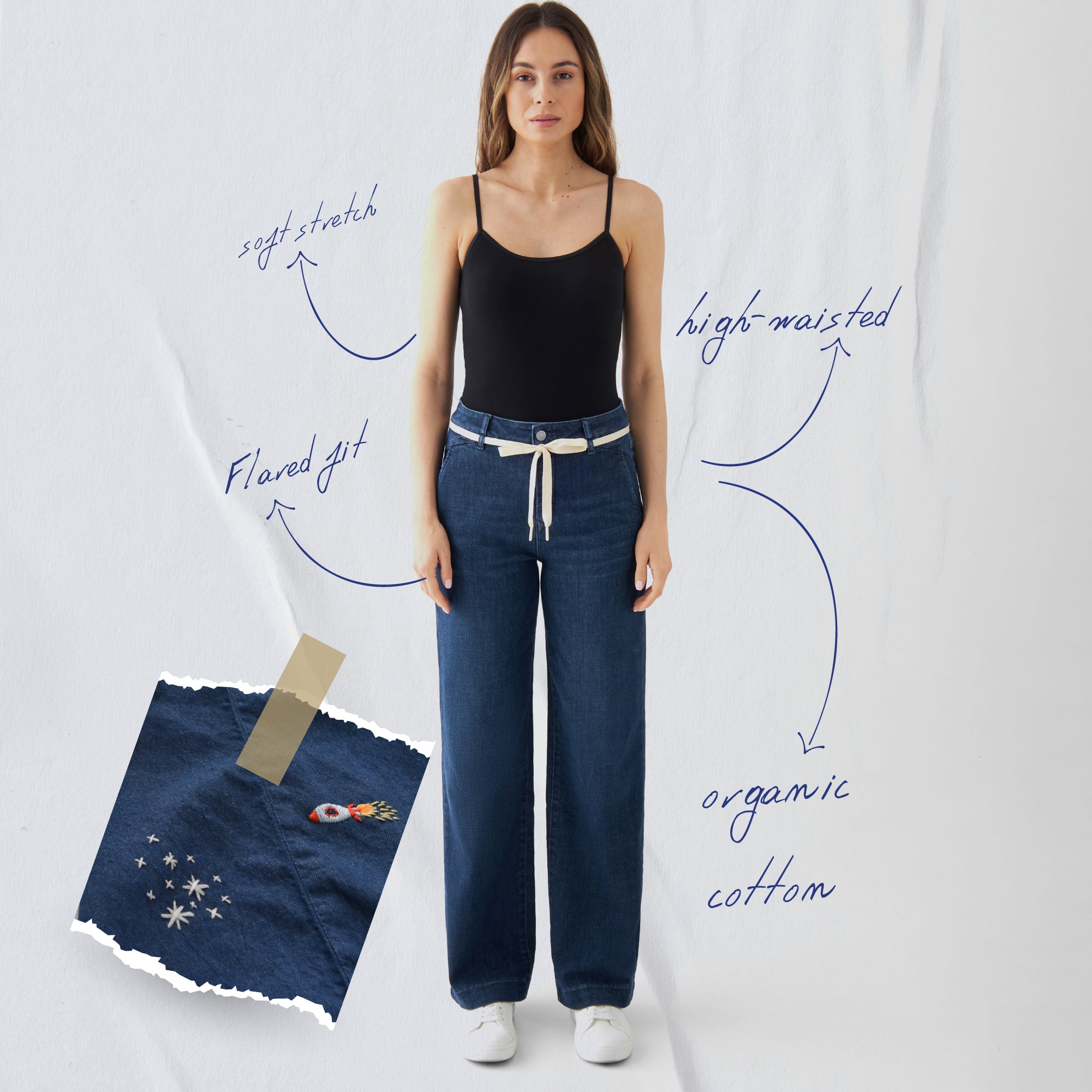Dunkelblaue DEW French-Pocket-Jeans im Flared-Fit, hohe Taille, weites Bein, französische Taschen; Organic Soft Denim (92% Bio-Baumwolle).