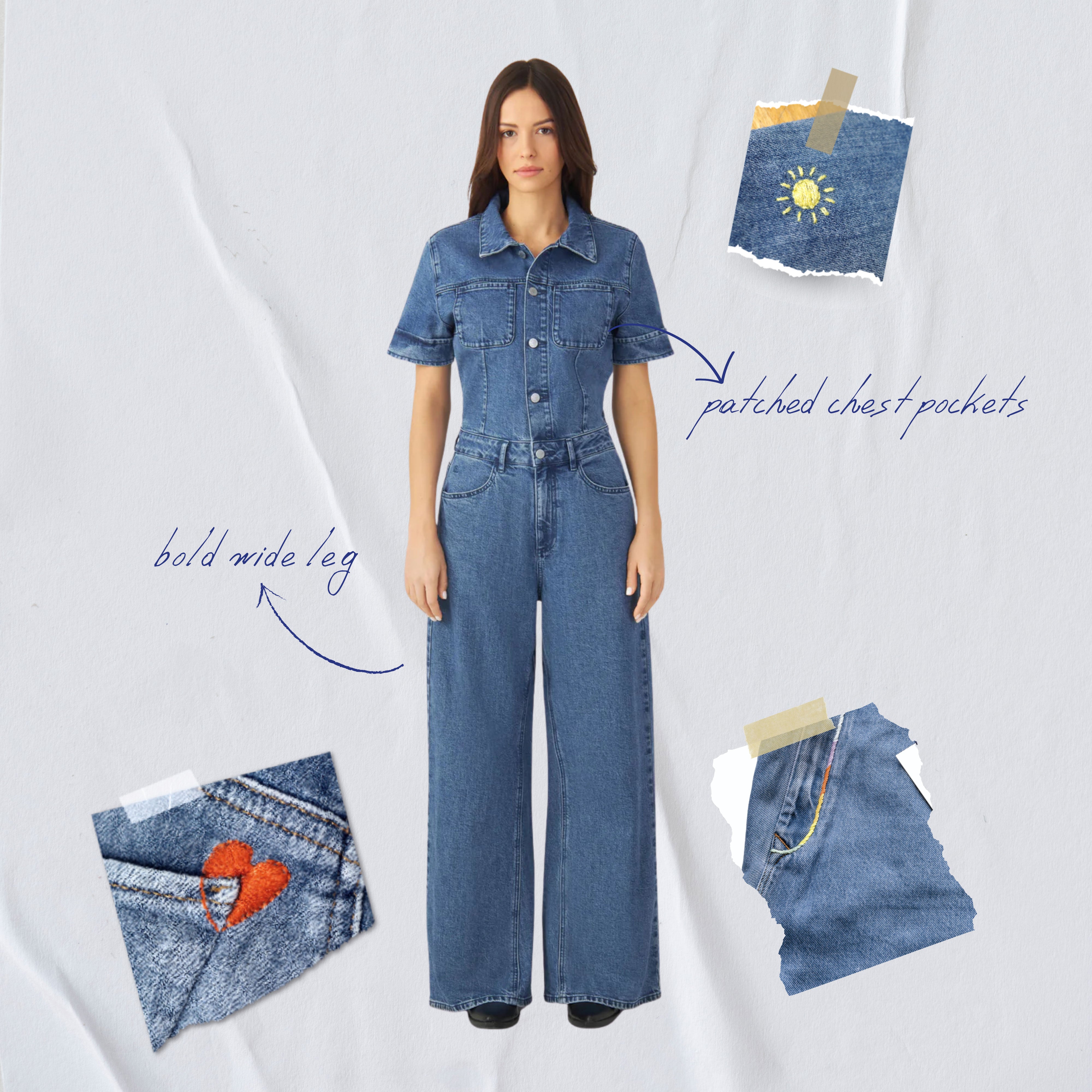 TWITTER Minimal Stretch - Short Sleeve Overall - Medium Blue - Art on Broken Pieces