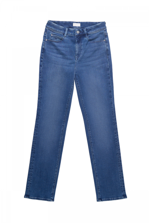 Frontansicht der STELLAR Slim Comfortstretch Jeans in Medium Blue, 5-Pocket-Design, schmaler Beinverlauf, hoher Bund, Bio-Comfortstretch-Denim.