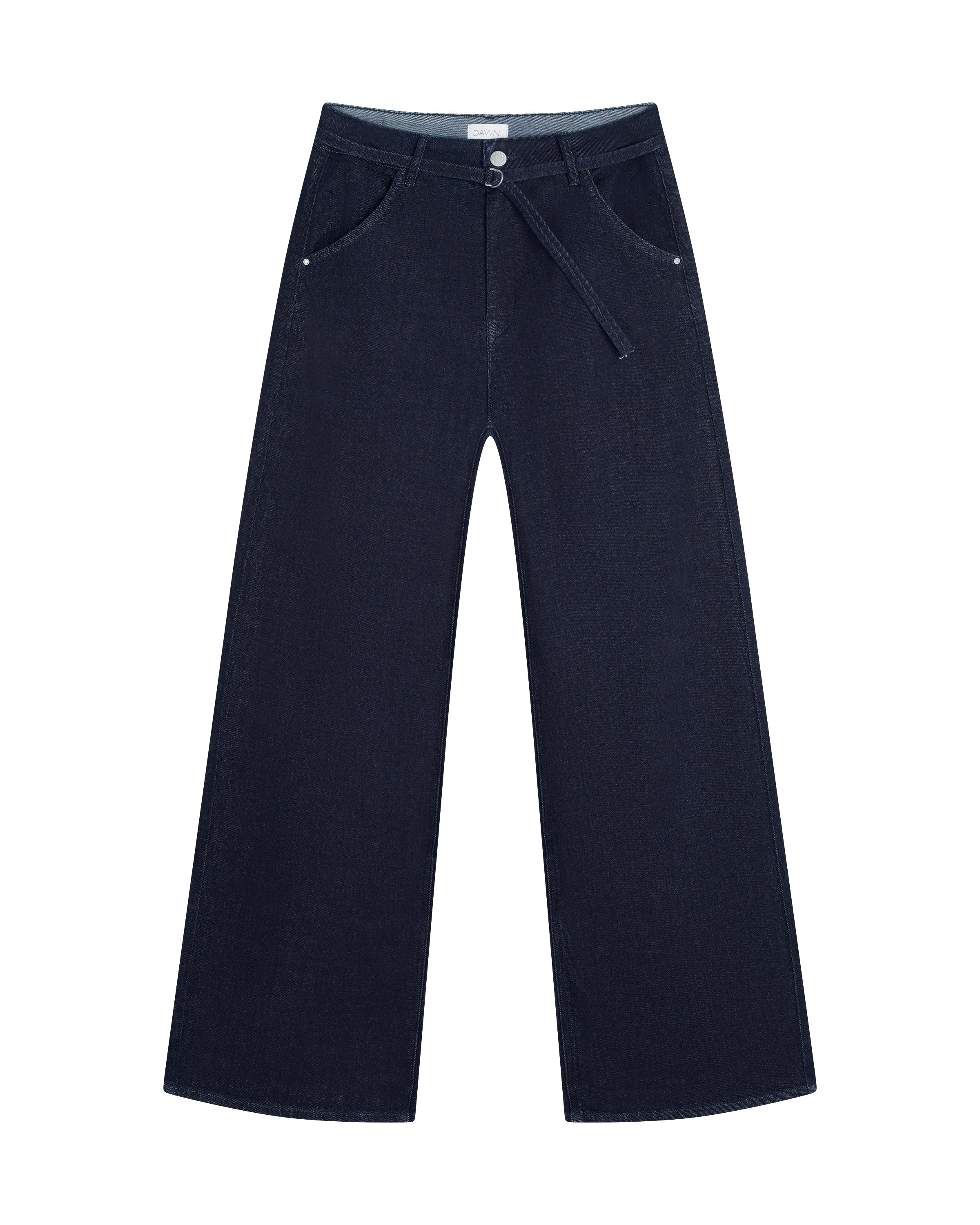 Dunkelblaue BLINK Wide Barrel Jeans aus Soft Denim mit hohem Bund, weitem Bein und abnehmbarem Gürtel – Raw Blue, Vorderansicht.