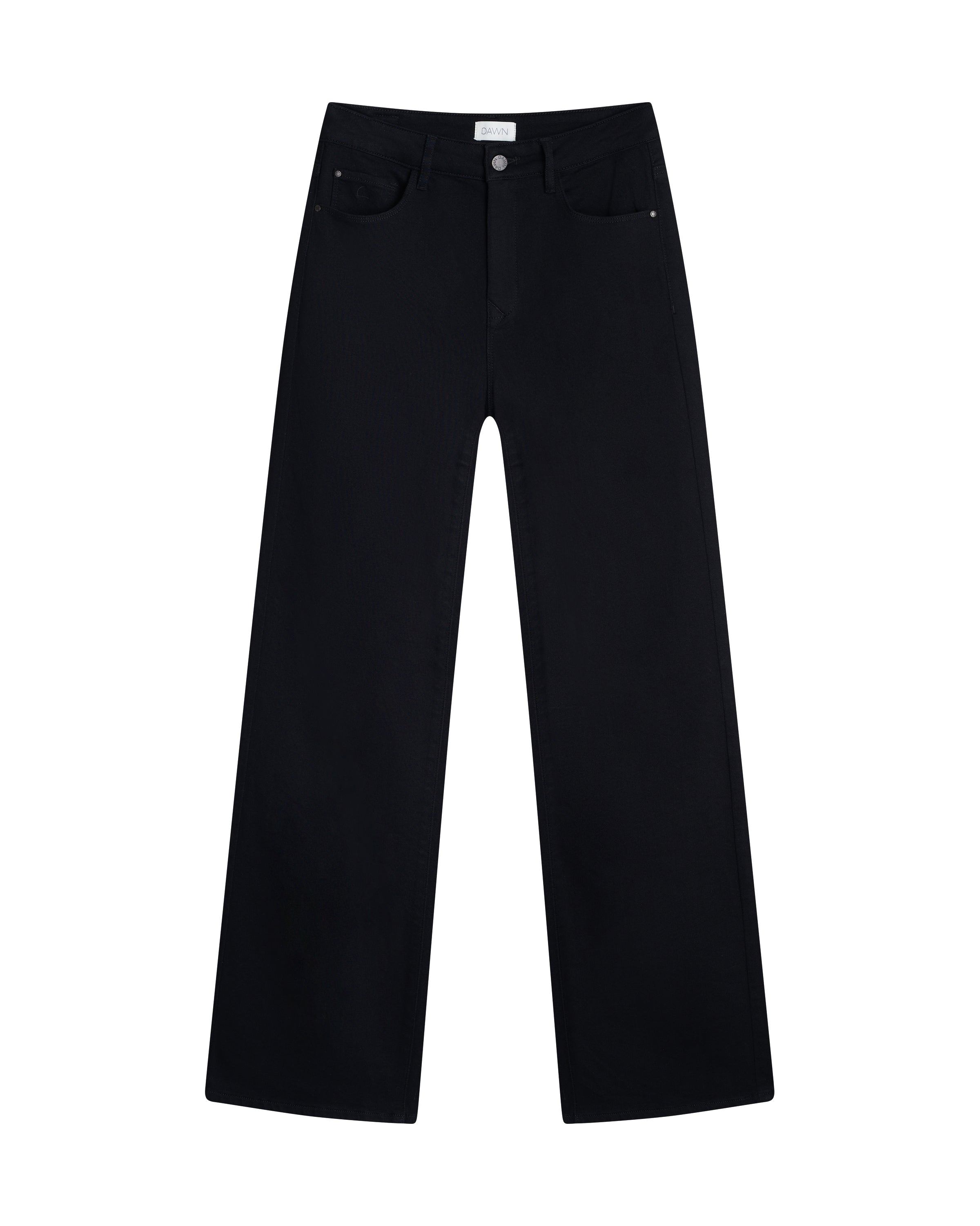 Schwarze DEW Flared Soft Denim – Classic Stay Black High-Waist-Jeans mit ausgestelltem Bein und Five-Pocket-Design.
