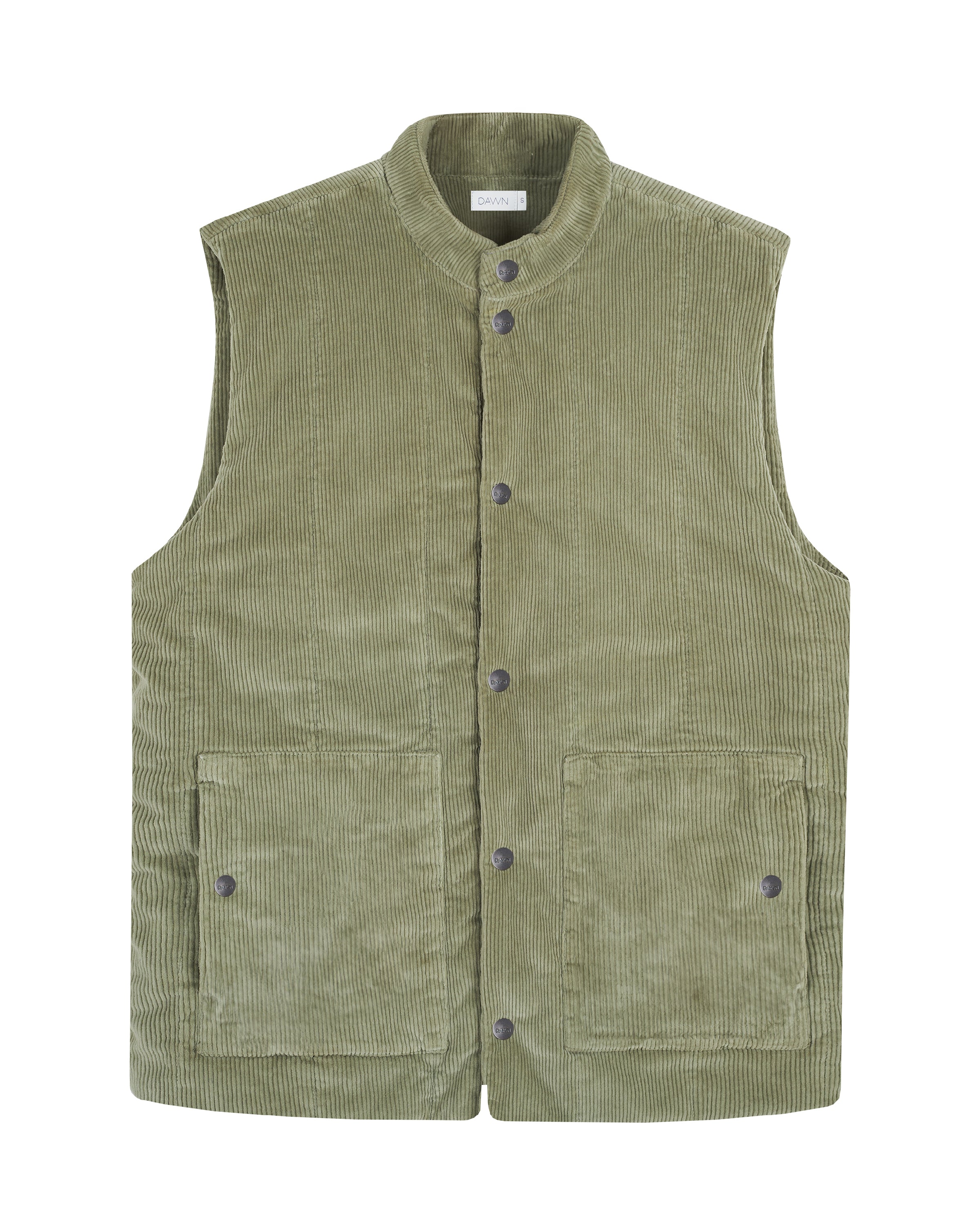 KASHEW Corduroy-Weste in Sage Green, Damen, vorn Druckknöpfe, zwei Patchtaschen, kastiger Schnitt, endet knapp über der Hüfte.