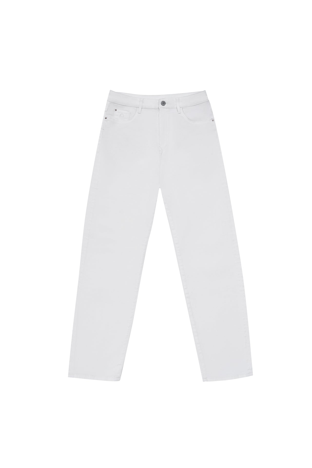 Weiße STARDUST Jeans in Frontansicht: High-Waist, 5-Pocket-Design, Knopf und Reißverschluss, Beine verjüngen sich zum Saum (O-Shape).