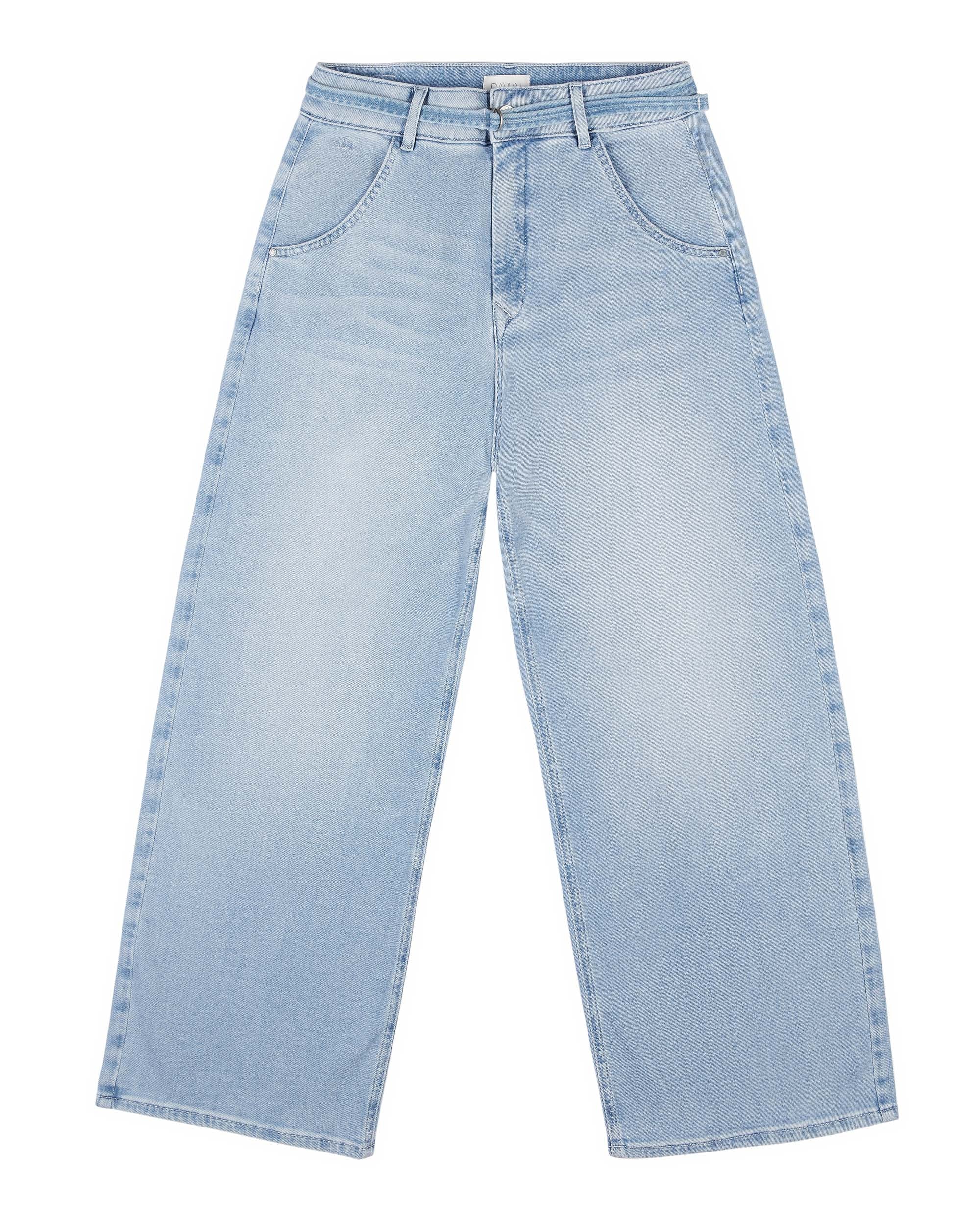 Helle blaue BLINK Culotte-Jeans mit hohem Bund, weitem, verkürztem Bein und sichtbaren Fronttaschen; Gürtel abnehmbar.