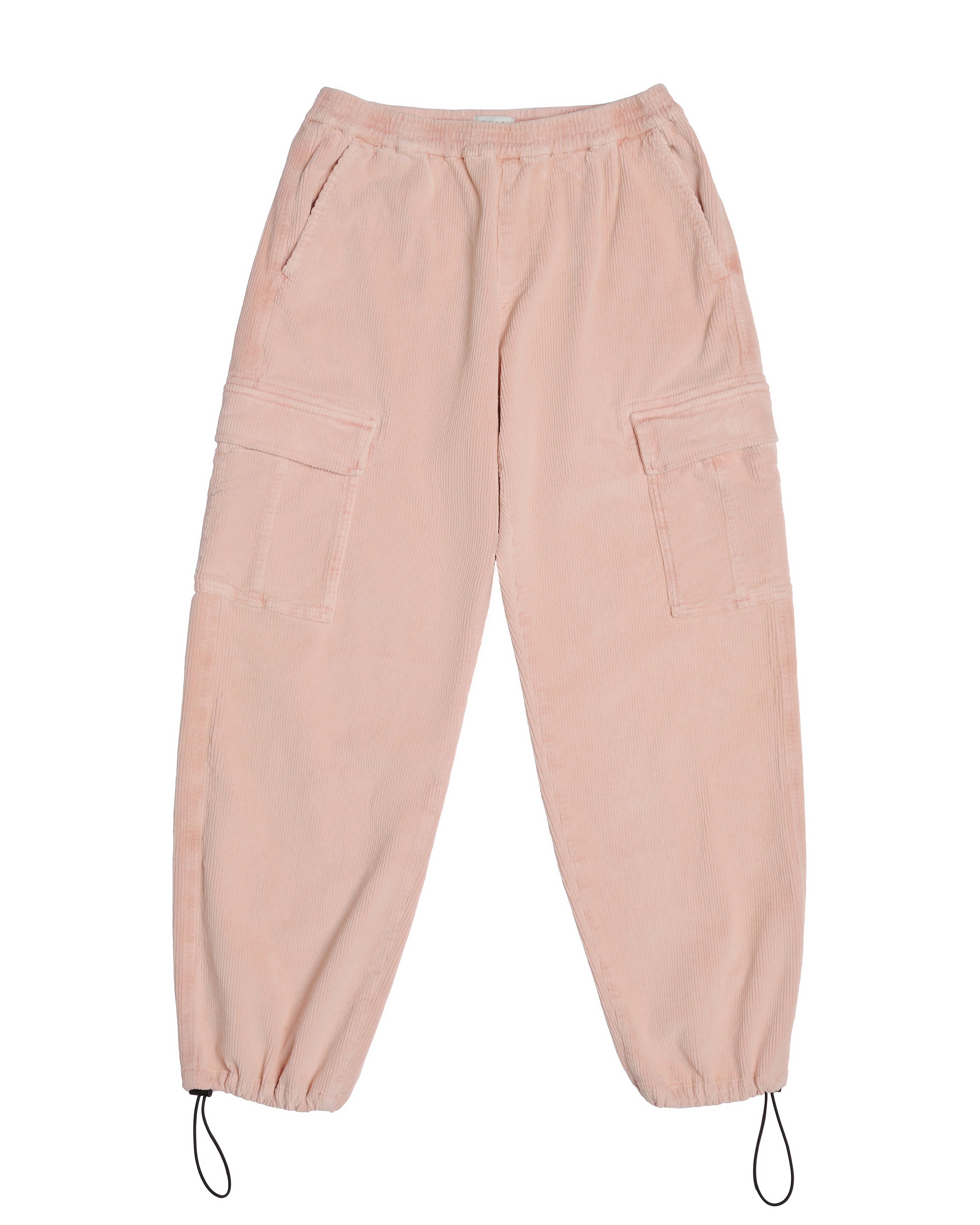 Rosa Cordhose mit Mid-Waist, entspannter Passform, elastischem Bund, Cargo-Taschen und verstellbaren Beinabschlüssen; Corduroy-Textur.