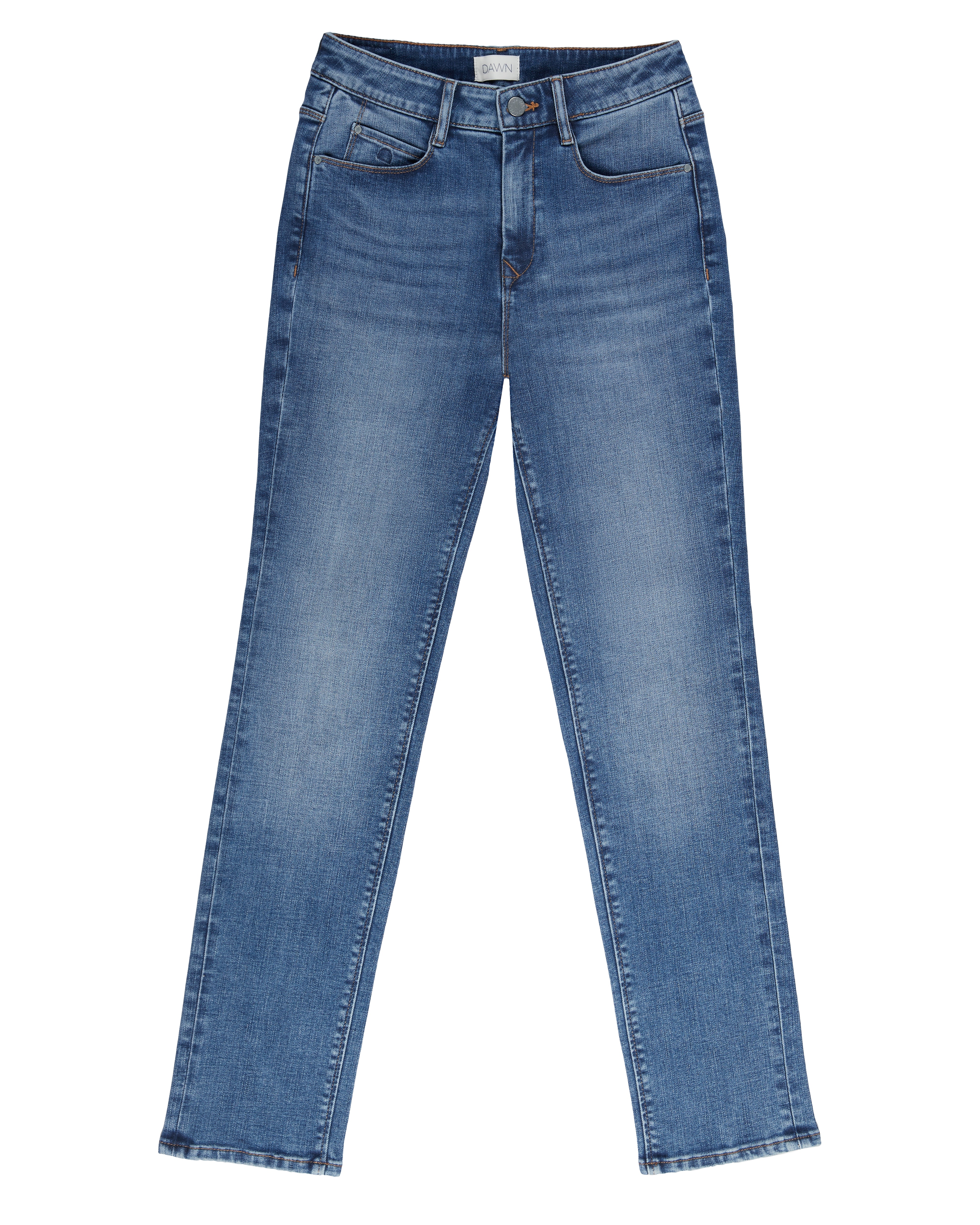Faded Blue STELLAR Slim Comfortstretch Jeans, High Waist, schmaler Beinverlauf, 5-Pocket-Design, flach auf weißem Hintergrund.