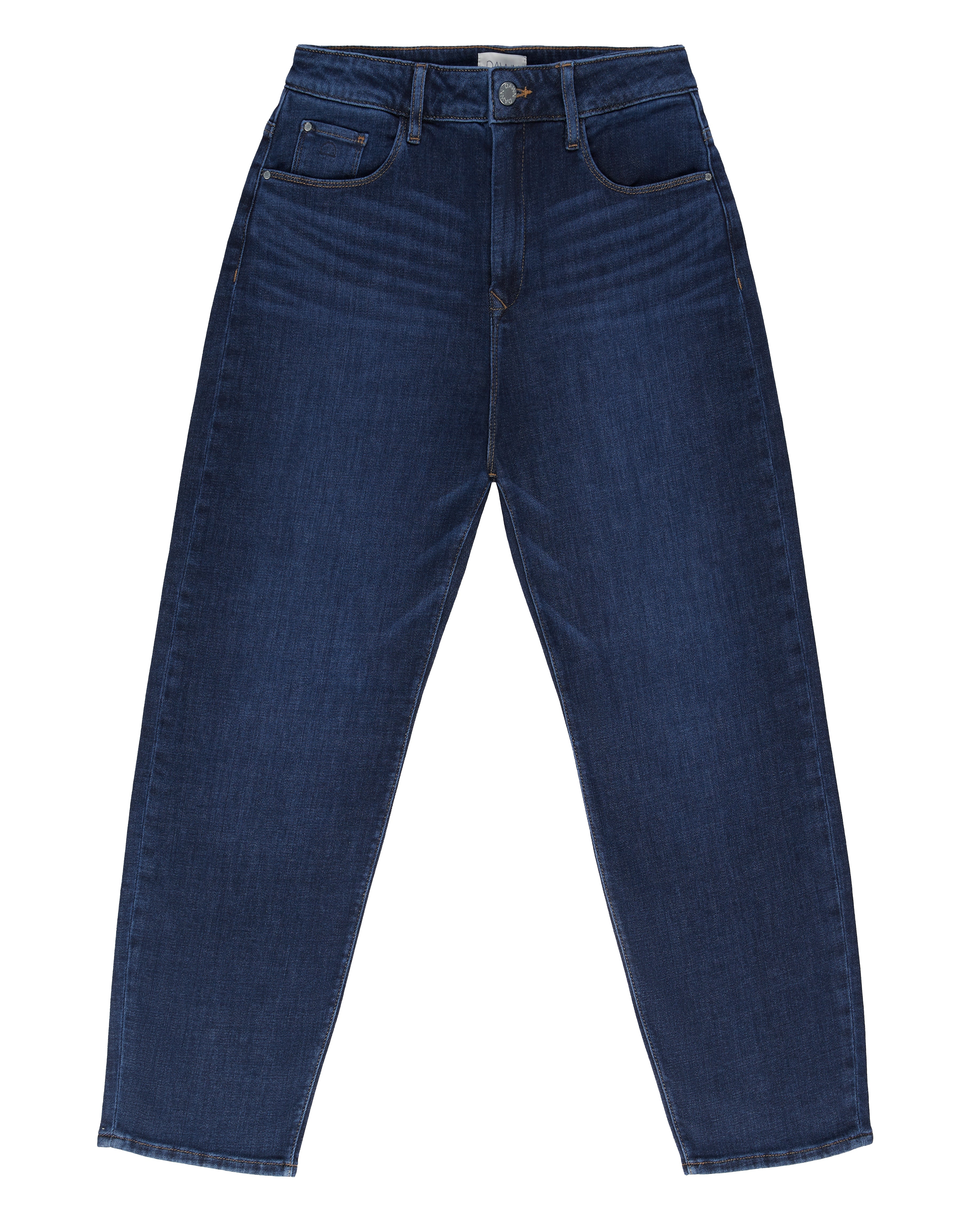 Dunkelblaue STARDUST O-Shape Jeans, hohe Taille, weiche Stretch-Denim; Frontansicht mit Knopf, Reißverschluss und 5-Taschen.