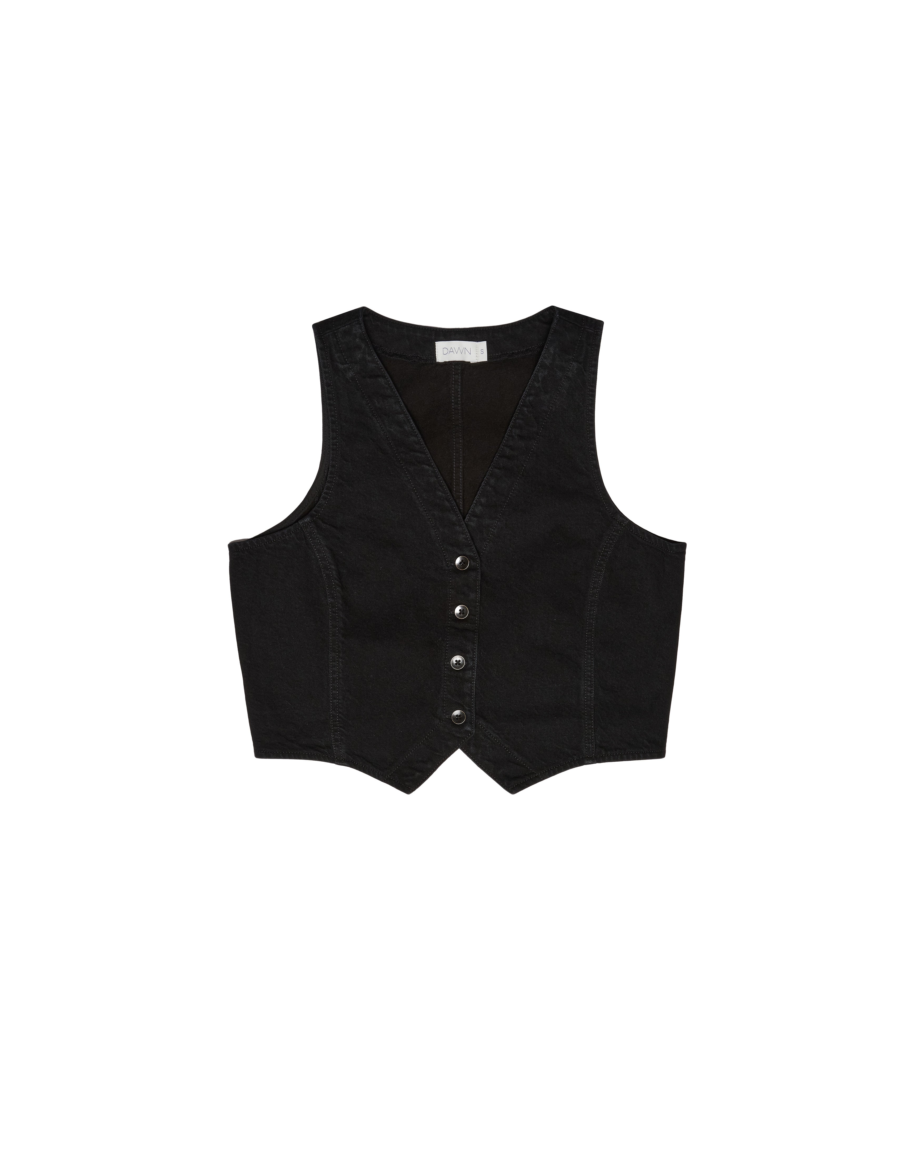 Schwarze taillierte Denim-Weste mit V-Ausschnitt und Knopfleiste; kurzer Schnitt, V-förmiger Saum aus Bio-Denim.