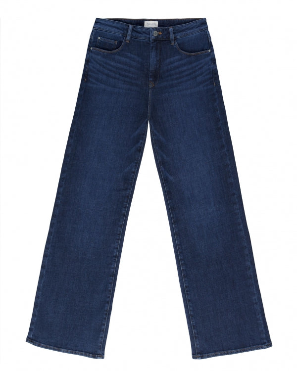 Dunkelblaue DEW-Flared-Jeans Classic mit hoher Taille, Five-Pocket-Design und ausgestelltem Bein – Frontansicht.