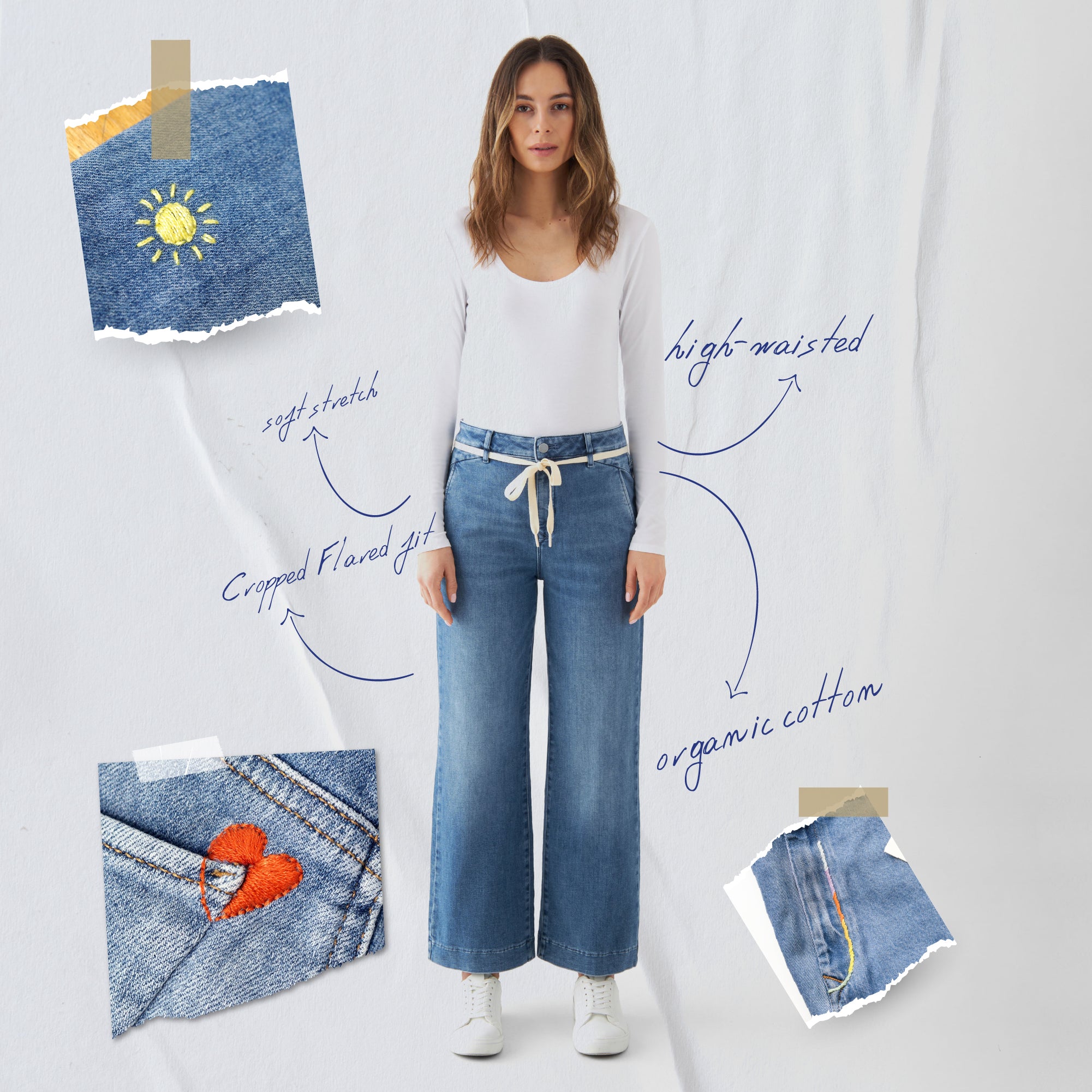 Frontansicht: mittelblaue DEW Cropped Flared Jeans mit hohem Bund und französischen Taschen; oranges Herz-Stick-Detail auf der Tasche.